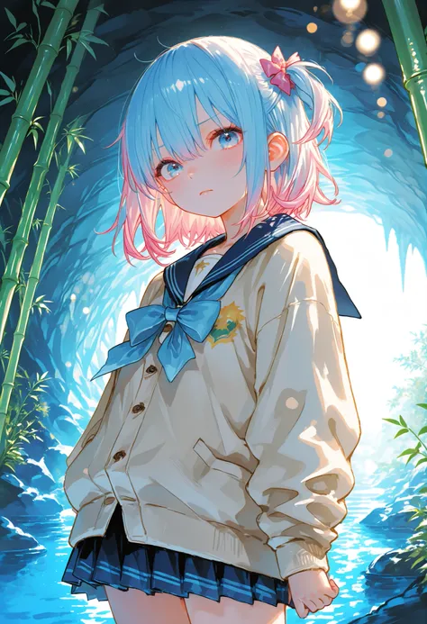 A girl who goes on an adventure in a huge underground cave in search of sparkling ores、cowboy shot、slender body、serious expression、Attitudes Like Leading Explorers、Bright Ore Shining in the Dark、A fantastic underground lake、 Chokehole、Stalagmite 、Beautiful...