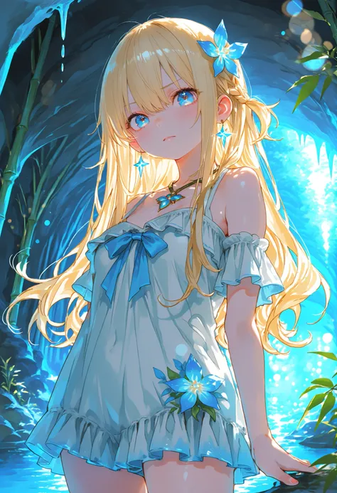 A girl who goes on an adventure in a huge underground cave in search of sparkling ores、cowboy shot、slender body、serious expression、Attitudes Like Leading Explorers、Bright Ore Shining in the Dark、A fantastic underground lake、 Chokehole、Stalagmite 、Beautiful...