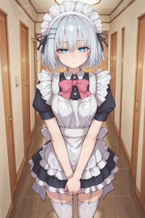 (masterpiece), (best quality), (ultra-detailed), maidOrigami, tobiichi origami, source_anime, score_9, score_8_up, score_7_up, 1girl, solo, looking at viewer, short hair, blue eyes, hair between eyes, standing, indoors, zettai ryouiki, maid, maid headdress...