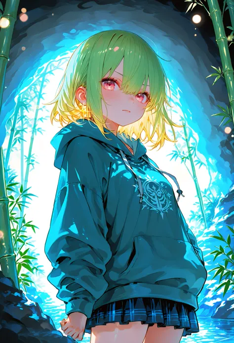 A girl who goes on an adventure in a huge underground cave in search of sparkling ores、cowboy shot、slender body、serious expression、Attitudes Like Leading Explorers，Bamboo is not growing、Bright Ore Shining in the Dark、A fantastic underground lake、 Chokehole...