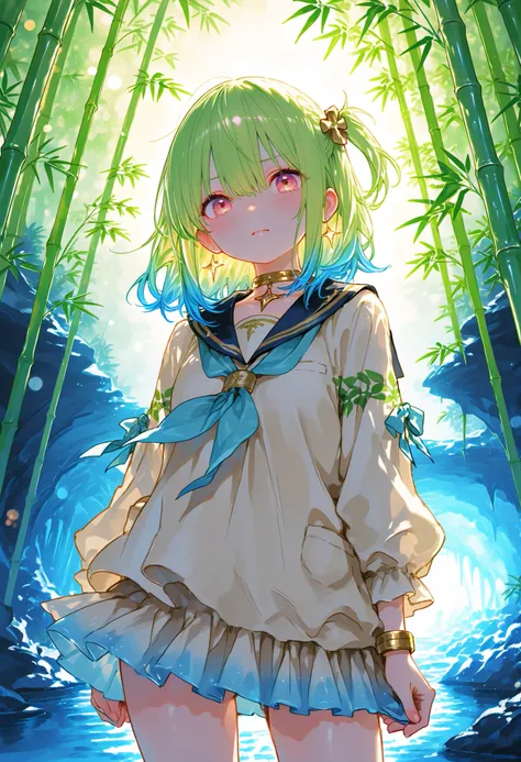 A girl who goes on an adventure in a huge underground cave in search of sparkling ores、cowboy shot、slender body、serious expression、Attitudes Like Leading Explorers，Bamboo is not growing、Bright Ore Shining in the Dark、A fantastic underground lake、 Chokehole...