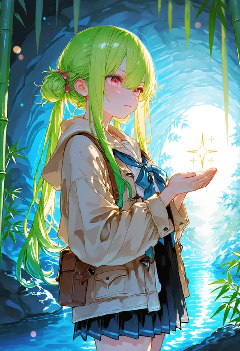 A girl who goes on an adventure in a huge underground cave in search of sparkling ores、cowboy shot、slender body、serious expression、Attitudes Like Leading Explorers，Bamboo is not growing、Bright Ore Shining in the Dark、A fantastic underground lake、 Chokehole...