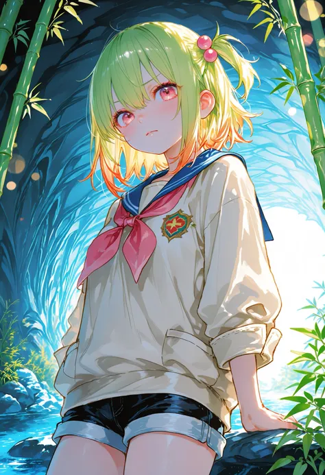 A girl who goes on an adventure in a huge underground cave in search of sparkling ores、cowboy shot、slender body、serious expression、Attitudes Like Leading Explorers，Bamboo is not growing、Bright Ore Shining in the Dark、A fantastic underground lake、 Chokehole...