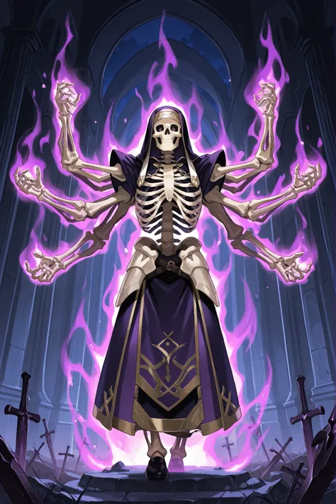 Skeleton Monster、Skeleton Monsterは背中から8本の腕が生えている、It grew from the ground８The monster with the book's arms outstretched、The background is a dark graveyard、night、 in detail、Top Quality、Many arms grow from a skeleton、and has a purple aura、purple smoky aura