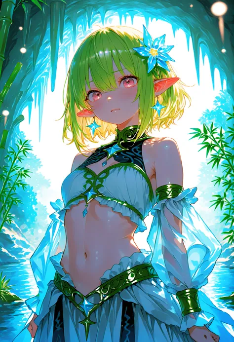 A girl who goes on an adventure in a huge underground cave in search of sparkling ores、cowboy shot、slender body、serious expression、Attitudes Like Leading Explorers，((There are countless ferns growing))、Bamboo is not growing、Bright Ore Shining in the Dark、A...