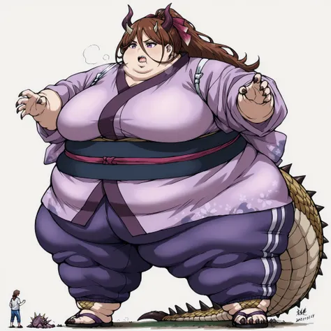  tail scales,kaiju,(horns:2),thick thighs,tail,(claws:1.2),(sharp teeth:1.4),(spikes:1.5),(monster:1.5),monster girl,giantess,giant,two-tone scales,scalie,alien, 1girl, solo, kenshinsatsuki, purple eyes, brown hair, hair between eyes, hair ribbon, long hai...