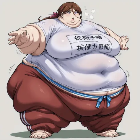 kenshinsatsuki, purple eyes, brown hair, hair between eyes, hair ribbon, long hair, ponytail,  training shirt, training pants with Elastic Waistband, fat, chubby, obese, fat neck, multiple chins, big breasts open mouth, out of breath, Larger female, full b...