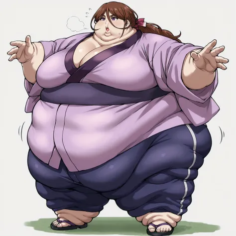 kenshinsatsuki, purple eyes, brown hair, hair between eyes, hair ribbon, long hair, ponytail BREAK
purple kimono, blue sweatpants, sandals, fat, chubby, obese, fat neck, multiple chins, big breasts open mouth, out of breath, Larger female, full body shot, ...