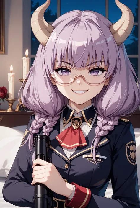 masterpiece,very detailed,beautiful faces,And high-precision,(cute Devil's Rose assassin girl:1.5),(One Woman),she's sitting in the devil's dark bedroom bed,There's a devil's candlestick behind the bed、Candlelight,external, Expression of victory ,(fear...