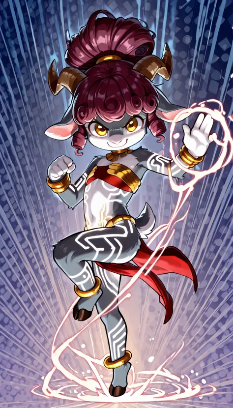 score_9, score_8_up, score_7_up, 1girl, solo, alone, masterpiece, best quality, amazing quality, very aesthetic, absurdres, source furry, furry loli, goat, yellow eyes, two tone body fur, gray body fur, white body fur, dark pink hair, curly bangs, short cu...