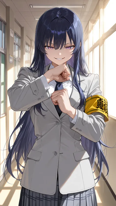 (masterpiece, details:1.2),cowboy shot,beautiful girl with a smirking face、dark blue long hair、Light Purple Eyes，white shirt、gray suit，navy blue short coat、grey check skirt、[I'm wearing a yellow armband:1.1]，school hallway，sunlight, Crack my knuckles, shad...
