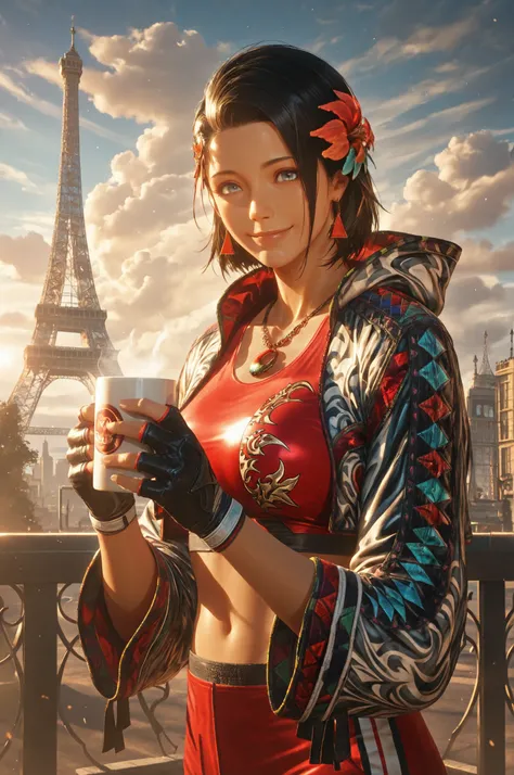 T8Azucena, 1girl, solo, black hair, short hair, blue eyes, hair ornament, detailed eyes, jacket, red triangle earrings, black gloves, midriff, hair flower, fingerless gloves, necklace, open jacket, red crop top, floral print, cropped jacket, hooded jacket,...