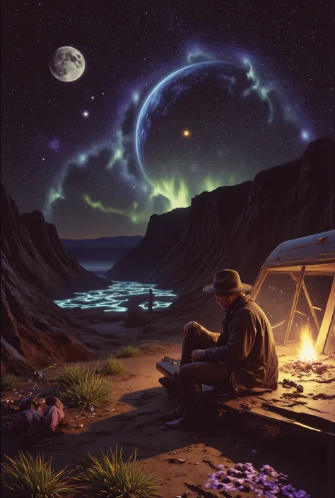 The space cowboy sits alone on the wing of his landed ship, looking out at the endless stars of a quiet alien desert. His hat is tilted down, casting a shadow over his tired eyes. The ground glows faintly with bioluminescent plants, creating a soft blue se...