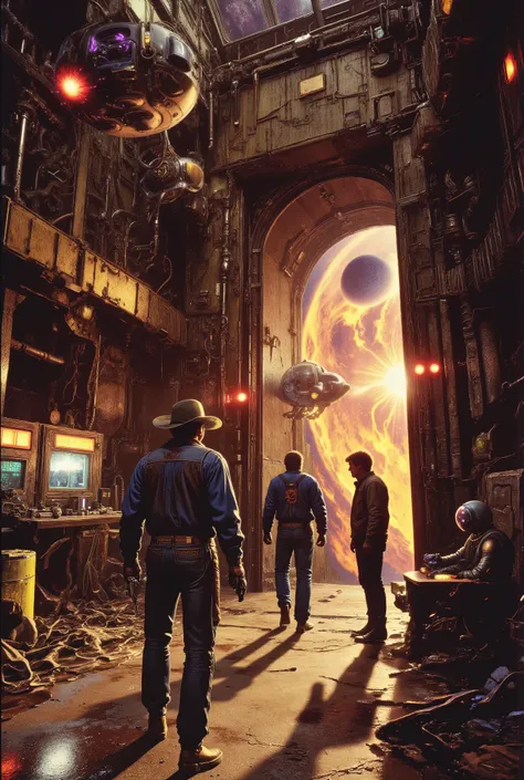 Under a massive orbital vault station, the cowboy leads a ragtag crew through the shadows, their boots making no sound in zero gravity. His revolver gleams under the flashing red security lights. Giant mechanical doors loom ahead, secured with glowing lock...