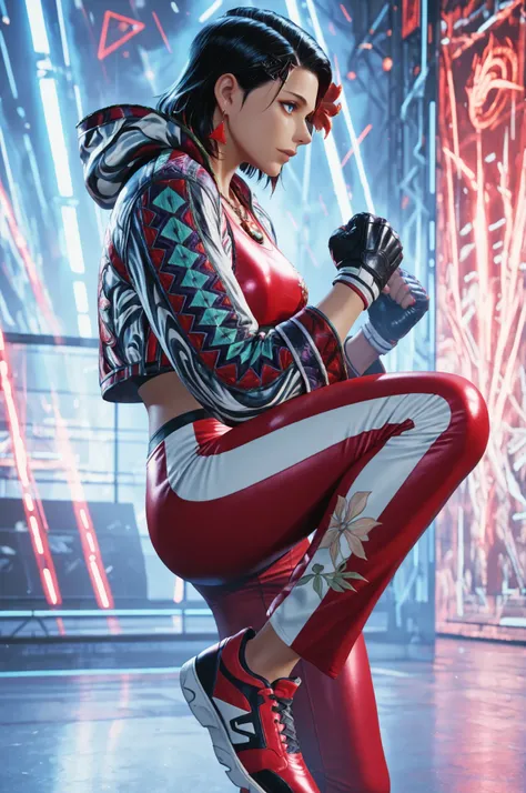 T8Azucena, 1girl, solo, black hair, short hair, blue eyes, hair ornament, detailed eyes, jacket, red triangle earrings, black gloves, midriff, hair flower, fingerless gloves, necklace, open jacket, red crop top, floral print, cropped jacket, hooded jacket,...