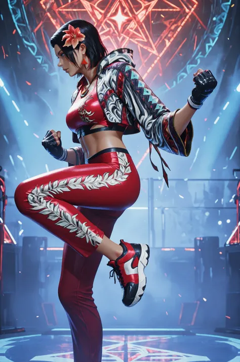 T8Azucena, 1girl, solo, black hair, short hair, blue eyes, hair ornament, detailed eyes, jacket, red triangle earrings, black gloves, midriff, hair flower, fingerless gloves, necklace, open jacket, red crop top, floral print, cropped jacket, hooded jacket,...