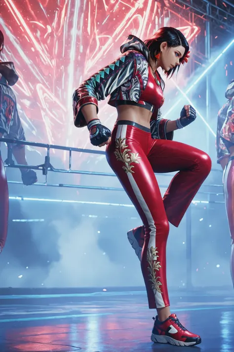 T8Azucena, 1girl, solo, black hair, short hair, blue eyes, hair ornament, detailed eyes, jacket, red triangle earrings, black gloves, midriff, hair flower, fingerless gloves, necklace, open jacket, red crop top, floral print, cropped jacket, hooded jacket,...