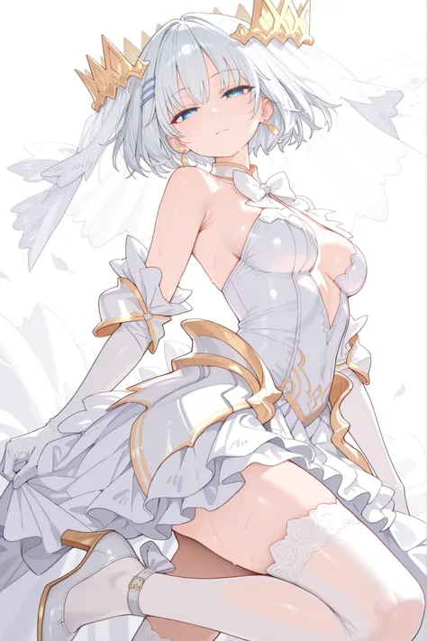 (masterpiece), (best quality), (ultra-detailed), AngelOrigami, tobiichi origami, 1girl, solo, looking at viewer, short hair, blue eyes, medium breasts, closed mouth, white hair, bridal veil, agl_thighhighs, agl_dress, agl_gloves, agl_veil, agl_heels, float...