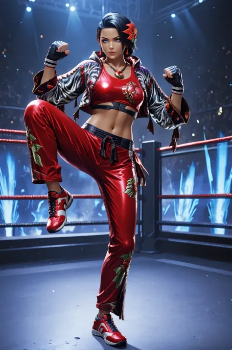 T8Azucena, 1girl, solo, black hair, short hair, blue eyes, hair ornament, detailed eyes, jacket, red triangle earrings, black gloves, midriff, hair flower, fingerless gloves, necklace, open jacket, red crop top, floral print, cropped jacket, hooded jacket,...