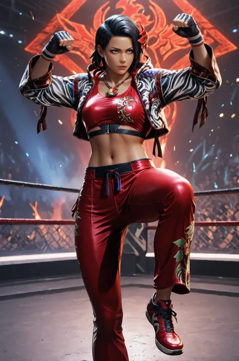 T8Azucena, 1girl, solo, black hair, short hair, blue eyes, hair ornament, detailed eyes, jacket, red triangle earrings, black gloves, midriff, hair flower, fingerless gloves, necklace, open jacket, red crop top, floral print, cropped jacket, hooded jacket,...