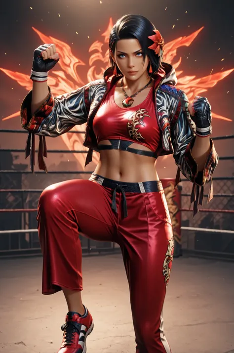 T8Azucena, 1girl, solo, black hair, short hair, blue eyes, hair ornament, detailed eyes, jacket, red triangle earrings, black gloves, midriff, hair flower, fingerless gloves, necklace, open jacket, red crop top, floral print, cropped jacket, hooded jacket,...