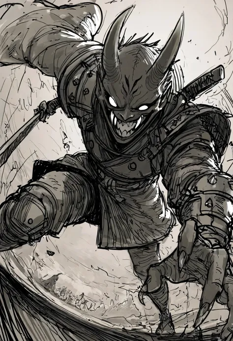 Game monster, sketch, concept art, Twisted human face with crazy smile and oni teeth, Oni, kimono and feudal battle armor, Katana , long thin body, on plain white canvas, rough, thin lines, 2d, concepts art, Masterpiece, incredible quality, perspective, dy...