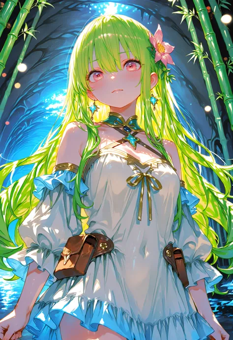 A girl who goes on an adventure in search of sparkling ores in a huge underground cave、cowboy shot、slender body、serious expression、Attitudes Like Leading Explorers，((There are countless ferns growing))、Bamboo is not growing、Bright Ore Shining in the Dark、A...