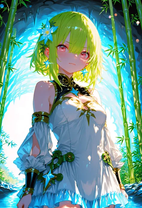 A girl who goes on an adventure in search of sparkling ores in a huge underground cave、cowboy shot、slender body、serious expression、Attitudes Like Leading Explorers，((There are countless ferns growing))、Bamboo is not growing、Bright Ore Shining in the Dark、A...