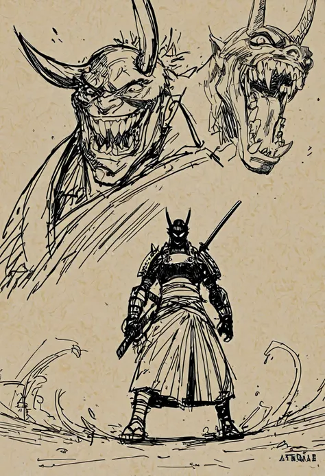 Game monster, sketch, concept art, Twisted human face with crazy smile and oni teeth, Oni, kimono and feudal battle armor, Katana , long thin body, on plain white canvas, rough, thin lines, 2d, concepts art, Masterpiece, incredible quality, perspective, st...