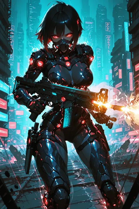  Futuristic female operative wielding a high-tech assault rifle with glowing accents, cyber armor suit, neon-lit ruined cityscape, motion blur showing rapid movement, intense battle expression, cinematic composition, ultra-high detail, sci-fi aesthetics, e...