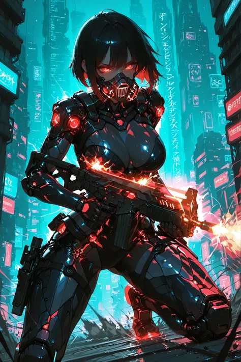  Futuristic female operative wielding a high-tech assault rifle with glowing accents, cyber armor suit, neon-lit ruined cityscape, motion blur showing rapid movement, intense battle expression, cinematic composition, ultra-high detail, sci-fi aesthetics, e...