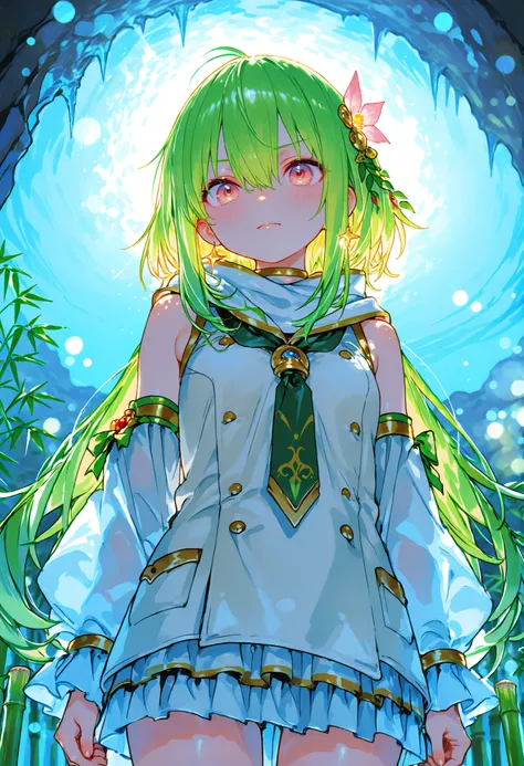 A girl who goes on an adventure in search of sparkling ores in a huge underground cave、cowboy shot、slender body、serious expression、Attitudes Like Leading Explorers,((There are countless ferns growing))、Bamboo is not growing、Bright Ore Shining in the Dark、A...