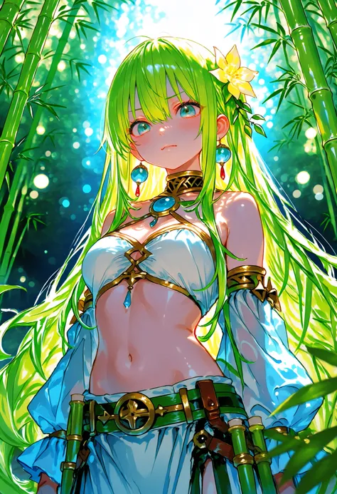 A girl who goes on an adventure in search of sparkling ores in a huge underground cave、cowboy shot、slender body、serious expression、Attitudes Like Leading Explorers,((There are countless ferns growing))、Bamboo is not growing、Bright Ore Shining in the Dark、A...