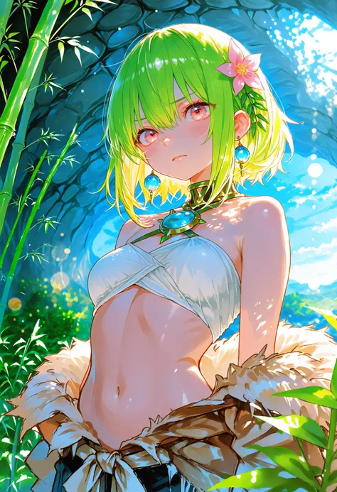 A girl who goes on an adventure in search of sparkling ores in a huge underground cave、cowboy shot、slender body、serious expression、Attitudes Like Leading Explorers,((There are countless ferns growing))、Bamboo is not growing、Bright Ore Shining in the Dark、A...