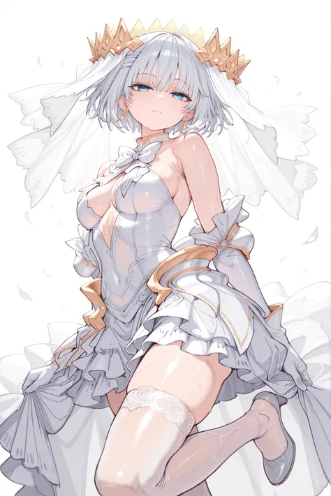 (masterpiece), (best quality), (ultra-detailed), AngelOrigami, tobiichi origami, 1girl, solo, looking at viewer, short hair, blue eyes, medium breasts, closed mouth, white hair, bridal veil, agl_thighhighs, agl_dress, agl_gloves, agl_veil, agl_heels, float...