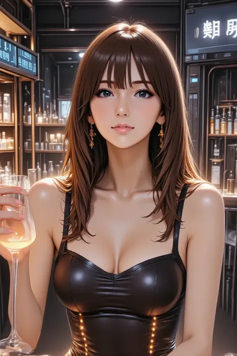 An alluring married woman in her 30s, depicted in a detailed anime style. She has long, flowing bioluminescent hair (subtle neon glows) and natural, refined makeup. She has natural and correct anatomy, perfectly rendered hands with beautifully manicured fi...