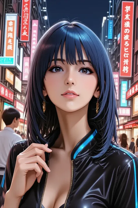 An enigmatic married woman in her 30s, depicted in a stylish anime style. She has long, electric blue hair with glowing data lines, and bold, dramatic makeup with heavy eyeliner and dark lipstick. She has natural and correct anatomy, perfectly rendered han...