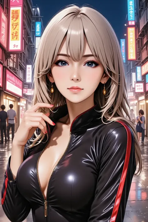 An enigmatic married woman in her 30s, depicted in a stylish anime style. She has long, electric silver hair with glowing data lines, and bold, dramatic makeup with heavy eyeliner and red lipstick. She has natural and correct anatomy, perfectly rendered ha...