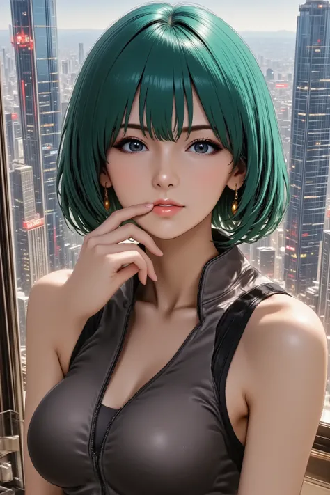 A mysterious married woman in her 30s, rendered in a captivating anime style. She has short, sharp-cut cyber-green hair and bold makeup, red lips. She has natural and correct anatomy, perfectly rendered hands with beautifully manicured fingers, and well-pr...