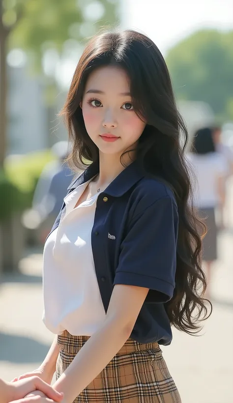 POV, holding hands while walking, 1girl, high school girl, long hair, loose curly hair on the outskirts of the city, round face, Small Eyes, You can wear a white crew neck shirt under a navy polo shirt, brown plaid skirt, Shirt unwrapped, skirt, casual loo...
