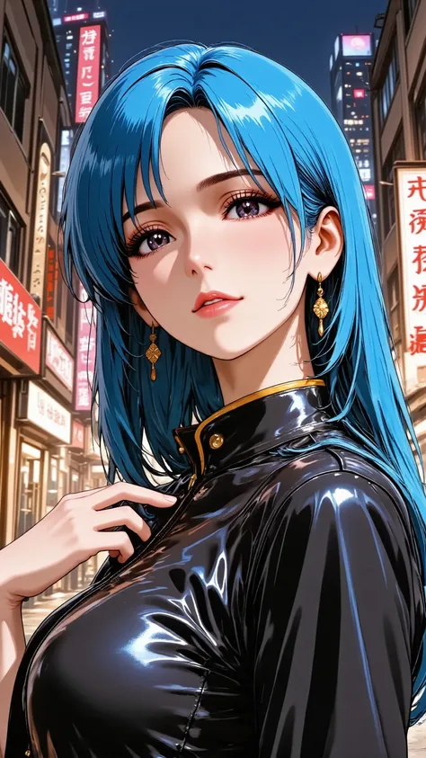 An enigmatic married woman in her 30s, depicted in a stylish anime style. She has long, electric blue hair with glowing data lines, and bold, dramatic makeup with heavy eyeliner and dark lipstick. She has natural and correct anatomy, perfectly rendered han...