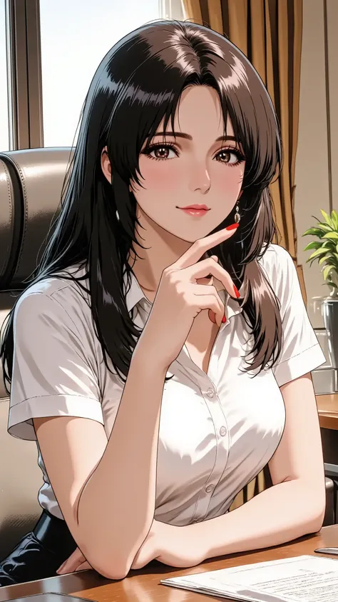 Anime style illustration, A sophisticated married woman in her 30s, depicted in a stylish anime style. She has sleek, long black hair and heavy, refined makeup with sharp eyeliner and bold red lipstick. She has natural and correct anatomy, perfectly render...