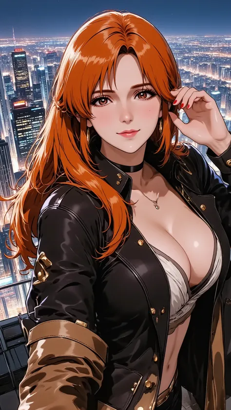 A powerful and glamorous married woman in her 30s, illustrated in a dynamic anime style. She has long, voluminous red hair with integrated glowing elements, and dramatic, red lips, artistic makeup with strong contours and metallic accents. She has natural ...