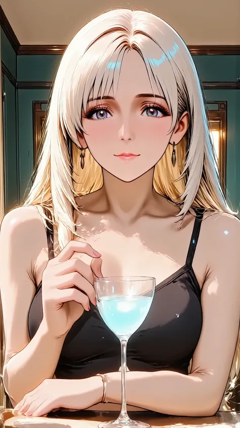 An alluring married woman in her 30s, depicted in a detailed anime style. She has long, flowing bioluminescent hair (subtle neon glows) and bold makeup red lips. She has natural and correct anatomy, perfectly rendered hands with beautifully manicured finge...