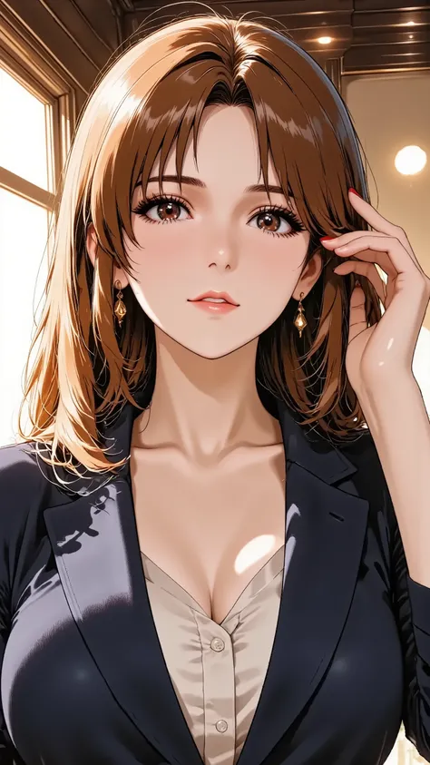 An elegant married woman in her 30s, rendered in a captivating anime style. She has long, wavy brunette hair flowing over her shoulder and dramatic, glamorous makeup with defined winged eyeliner and vibrant red lipstick. She has natural and correct anatomy...