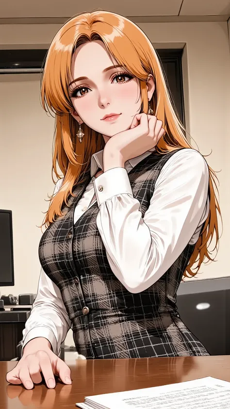 A thoughtful married woman in her 30s, illustrated in a dynamic anime style. She has long, sleek honey-blonde hair and bold, sophisticated makeup with defined eyes and glossy red lips. She has natural and correct anatomy, ensuring exactly five fingers on e...