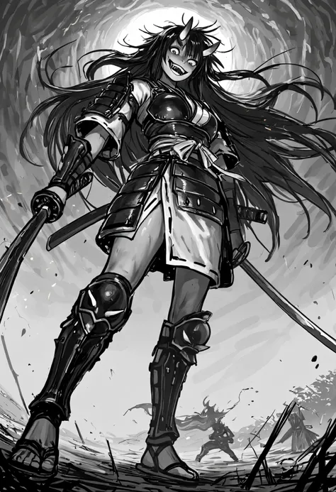 Game monster, sketch, concept art, Twisted human face with crazy smile and oni teeth, demon oni fangs, japanese folklore ONI, Oni, kimono and feudal battle armor, Katana , long thin body, floating hair, on plain white canvas, rough, thin lines, 2d, concept...