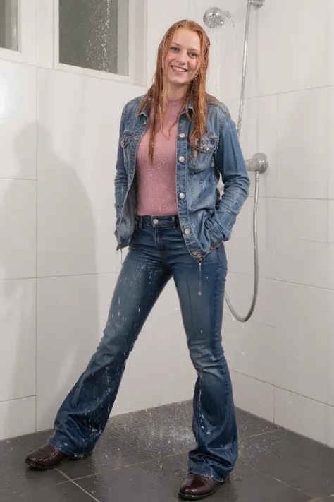 Uncensored, A girl with very wet long red-blonde hair, in the rain, soaking wet hair, very attractive 18-year old girl, seen right from the front, enjoying being all wet, very long hair, her hair dripping and sticking, standing with legs spread and hips p...
