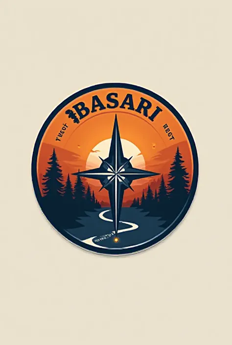 Emblem logo for "BASAARI". A circular badge with a sleek compass in the center, a simple path line leading to a small sun. The company name arches around the top. Adventure, tech, and trust vibe. Earthy tones of orange and navy blue. Vector.
Color palette:...