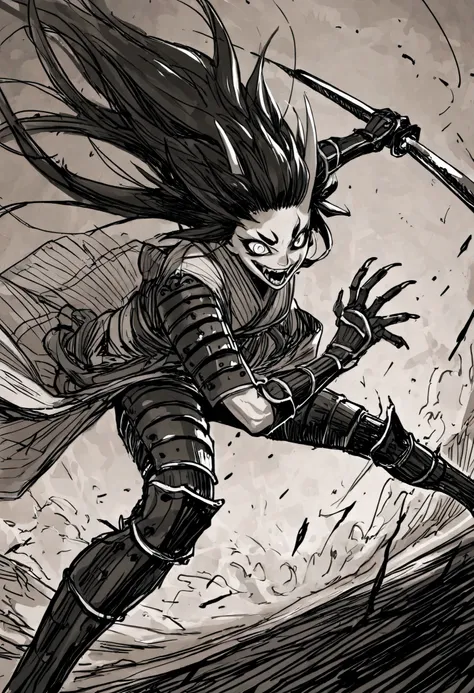 Game monster, sketch, concept art, Twisted human face with crazy smile and oni teeth, floating hair, demon oni fangs, japanese folklore ONI, Oni, kimono and feudal battle armor, Katana , long thin body, floating hair, on plain white canvas, rough, thin lin...